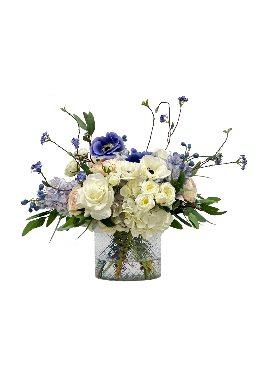 Delphinium & Hydrangea in Cut Glass