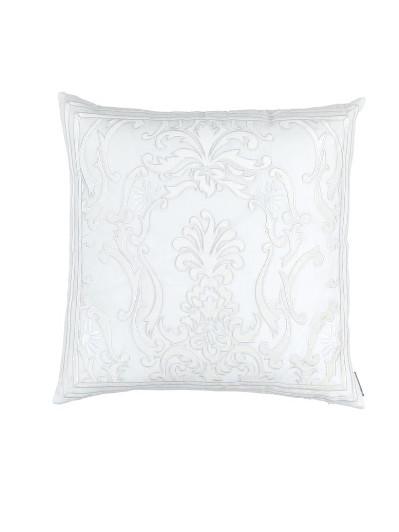 Louie Square Pillow White Linen / White Matte Velvet Applique