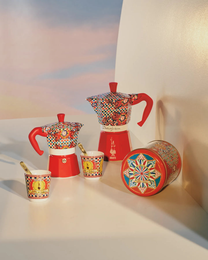 2 Cup Moka Pot With Porcelain Cups And Golden Stirrers